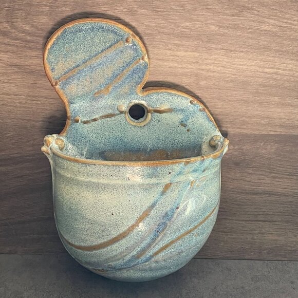 Studio Art Pottery Signed Handmade Blue Ceramic Freeform Hanging Wall Pocket - Picture 1 of 9